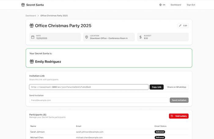 Secret Santa App Dashboard